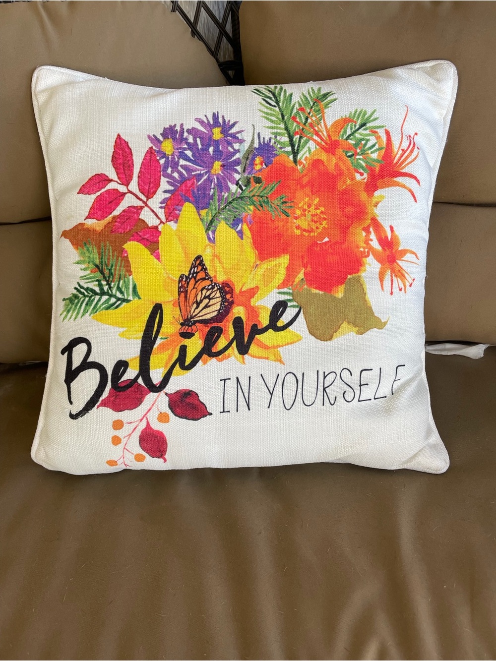 Throw Pillow Floral Butterfly Design “Believe In Yourself”